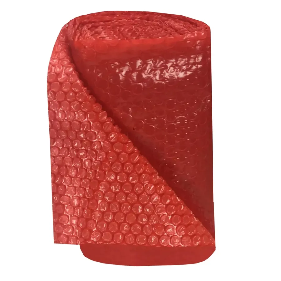 Roll of red small-bubble polyethylene cushioning wrap, 12 inches wide