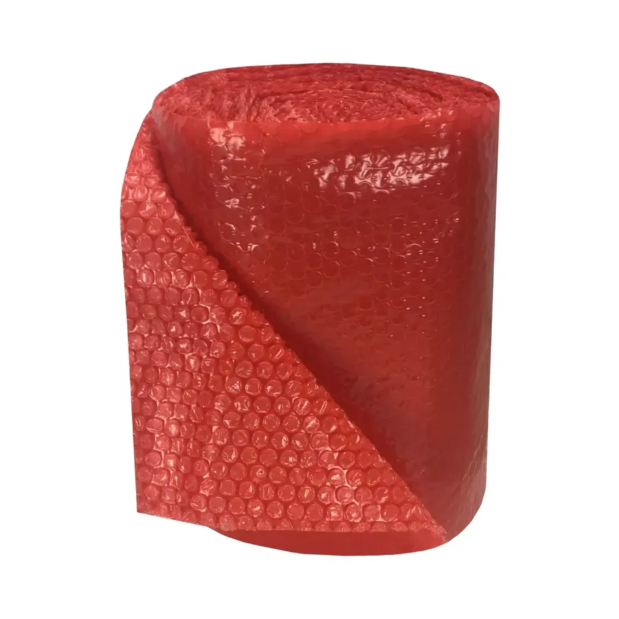 60-foot roll of red small-bubble cushioning wrap partially unrolled