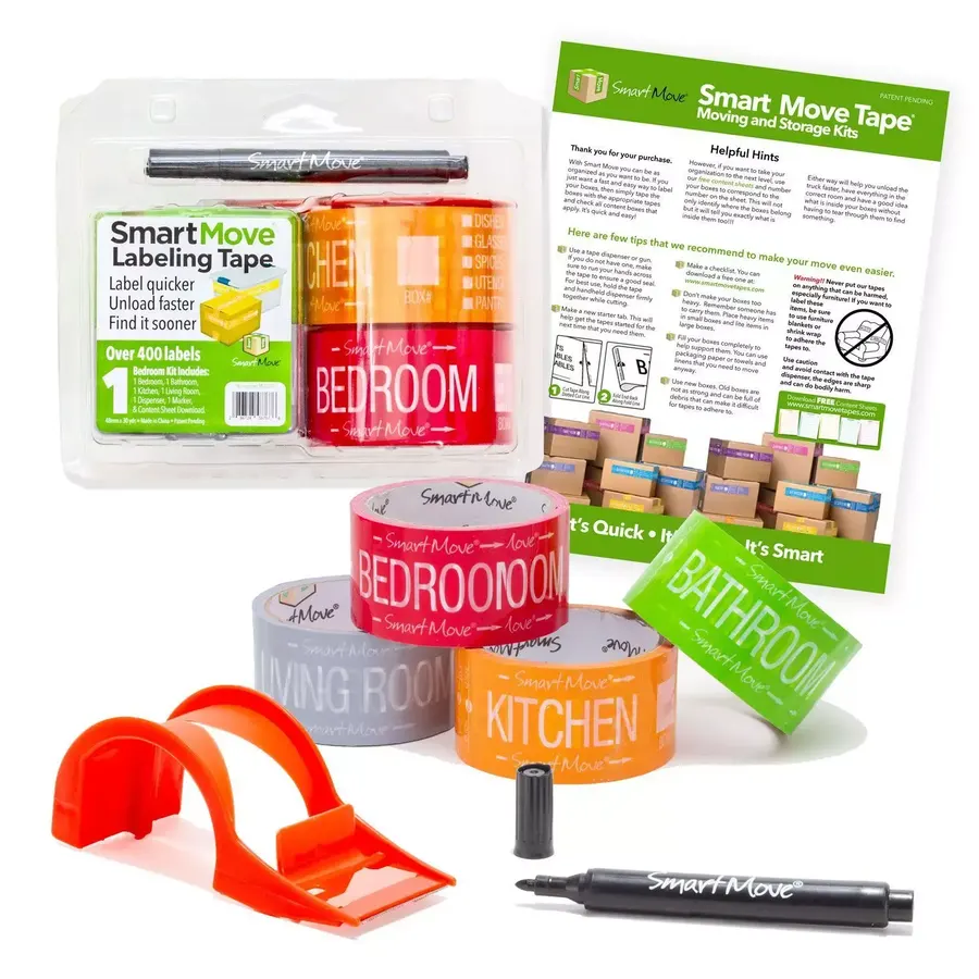 Multicolor room labeling packing tape kit for a one-bedroom move