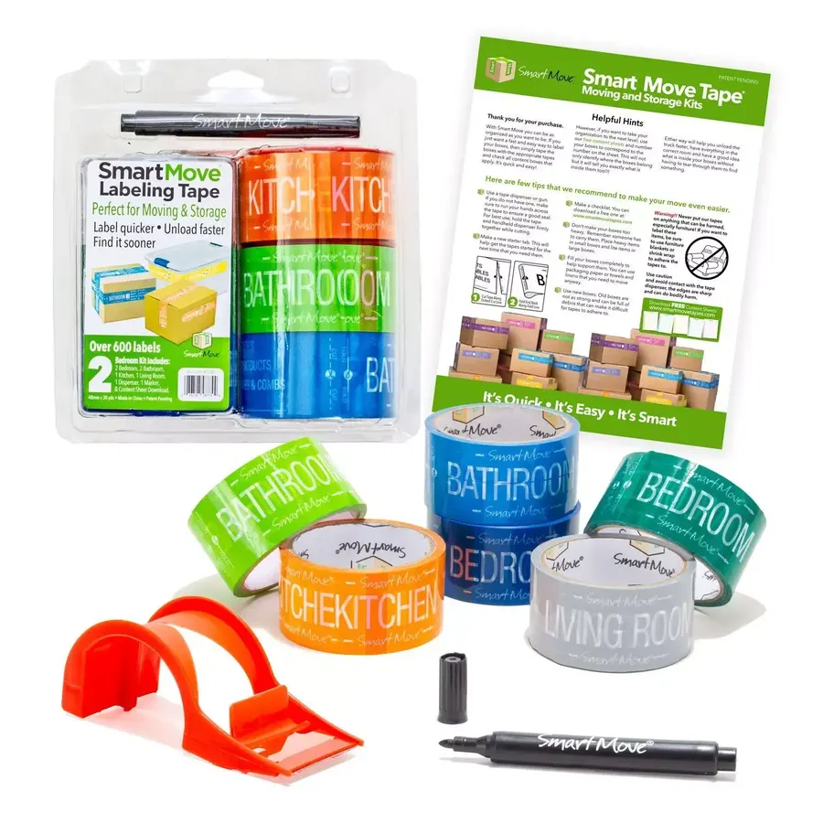 Multicolor room labeling packing tape kit for a two-bedroom move