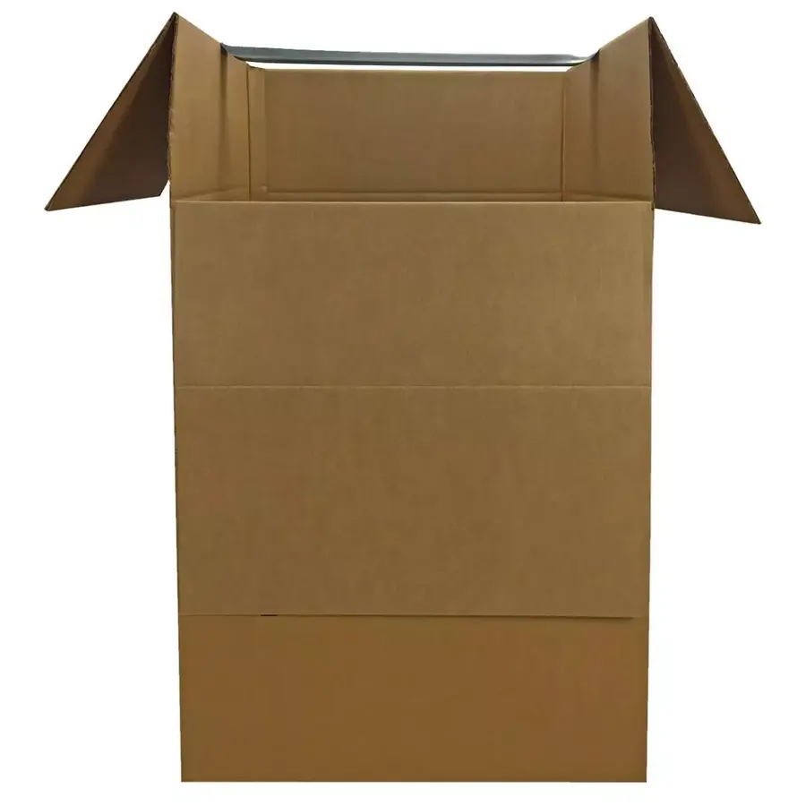 Two compact brown corrugated wardrobe boxes with metal hanging bars