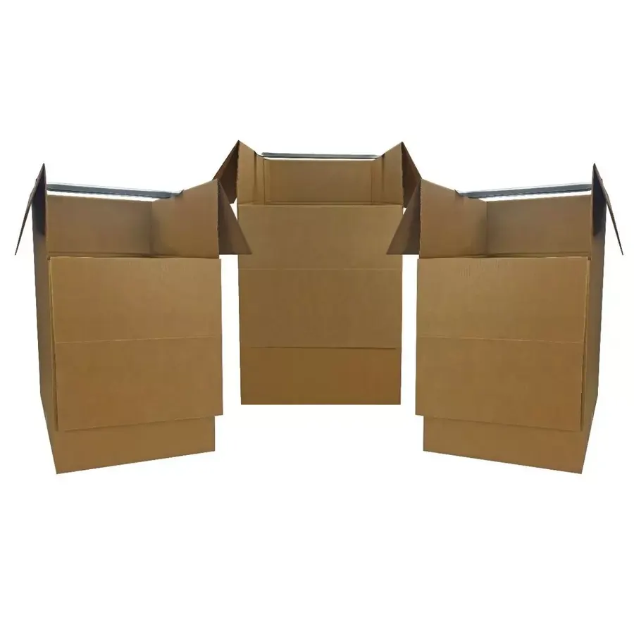 Three brown corrugated shorty wardrobe moving boxes with hanging bars