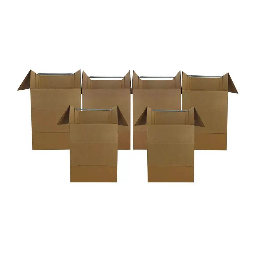 Six brown corrugated shorty wardrobe moving boxes stacked together