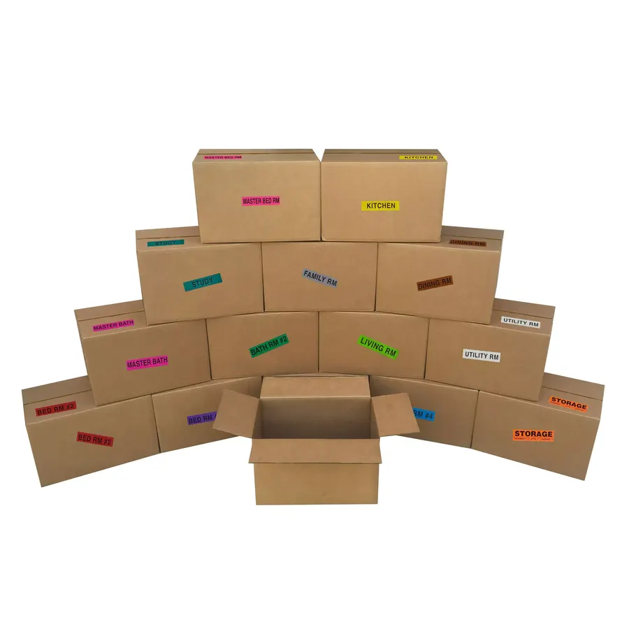 Fifteen small brown corrugated moving boxes with a set of moving labels