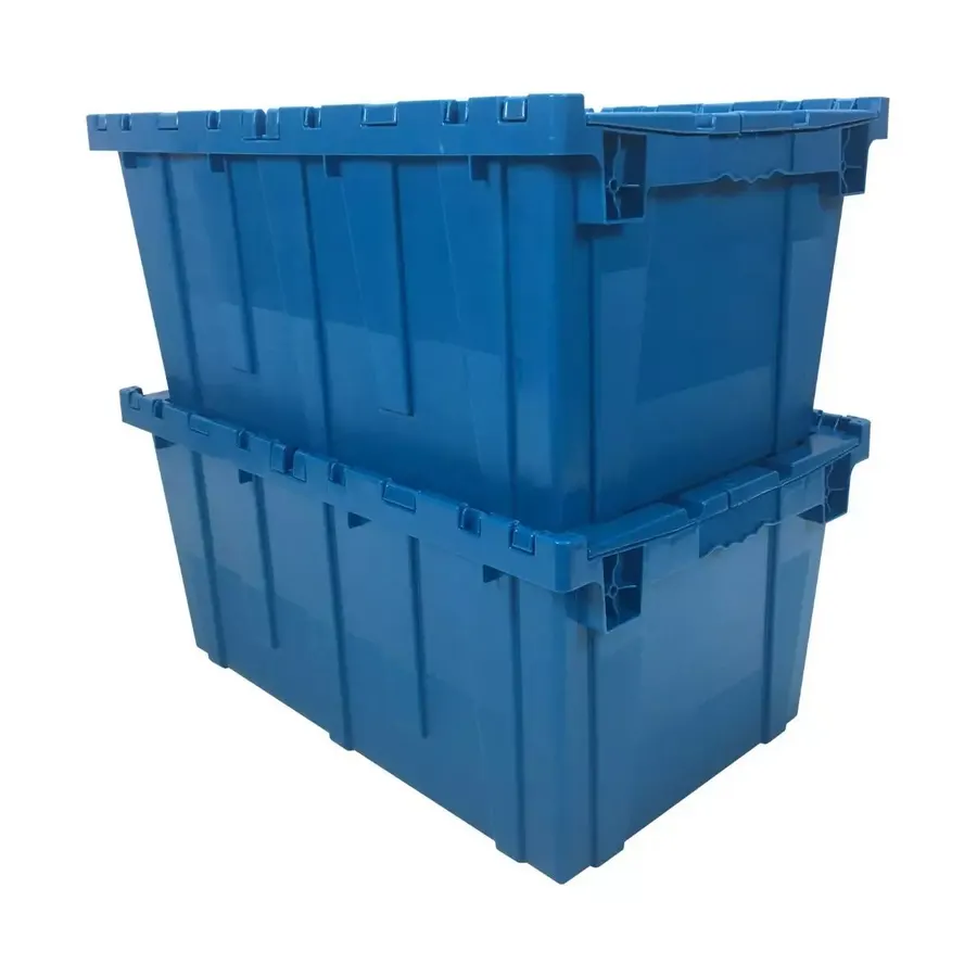 Two large blue plastic packing crates stacked