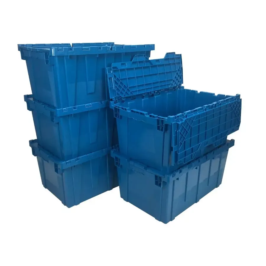 Stack of five large blue plastic packing crates