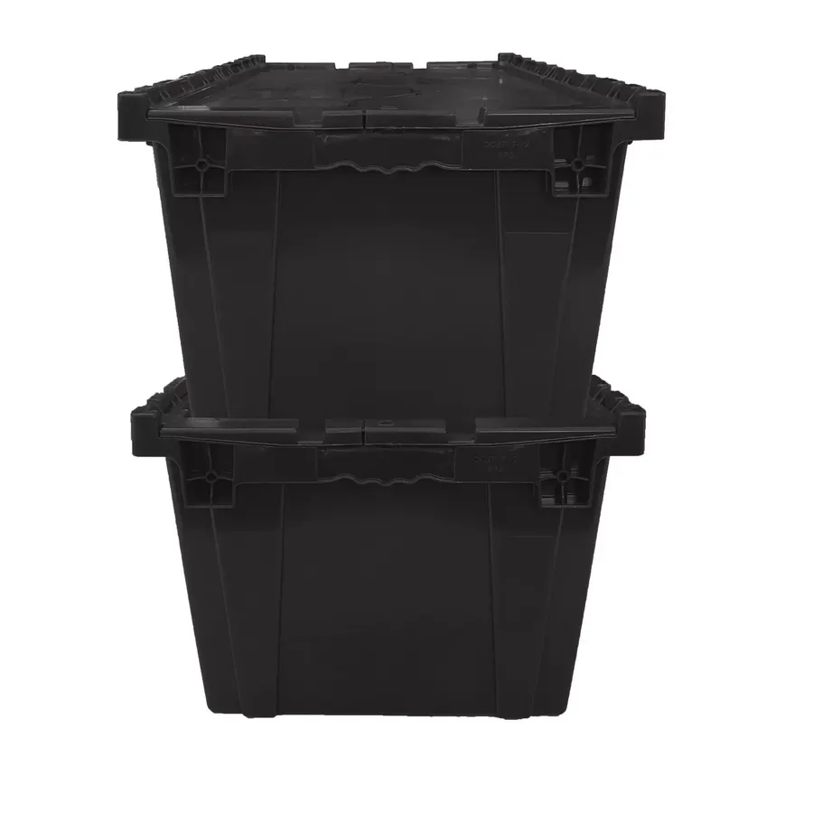 Two large black plastic packing crates stacked