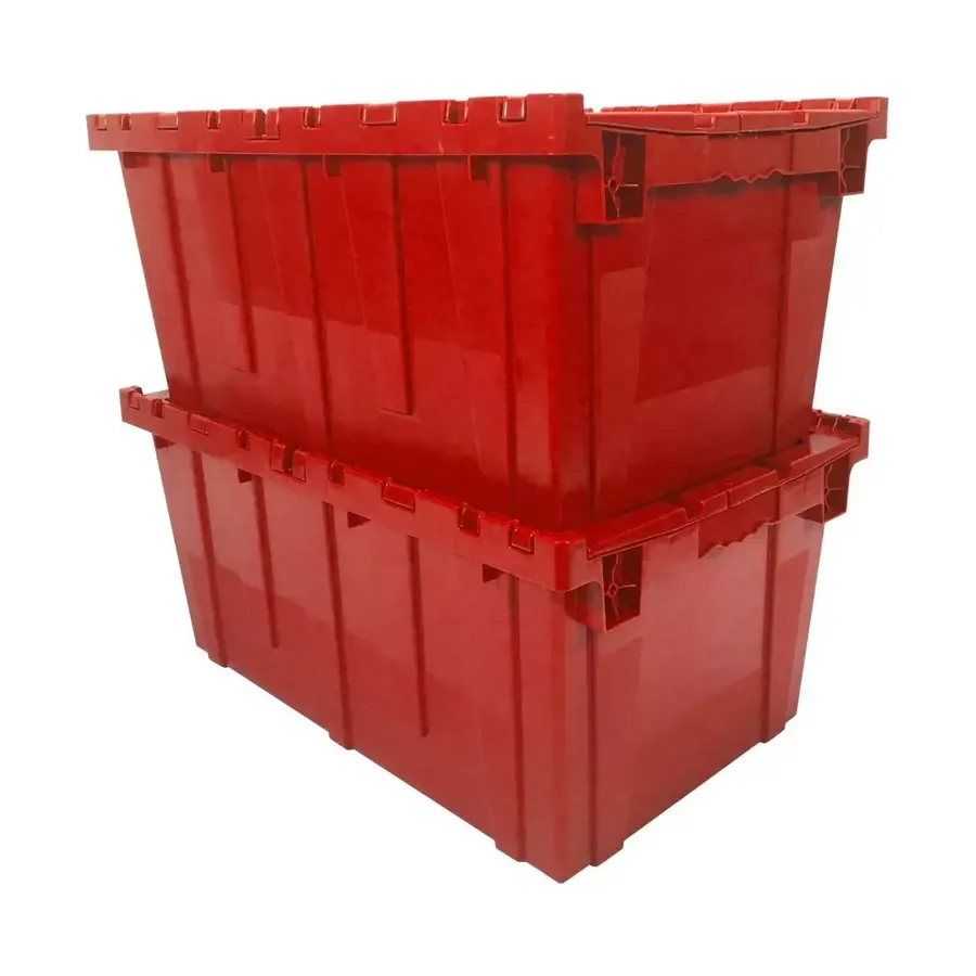 Two large red plastic packing crates