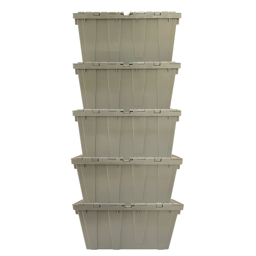 Stack of five gray plastic packing crates