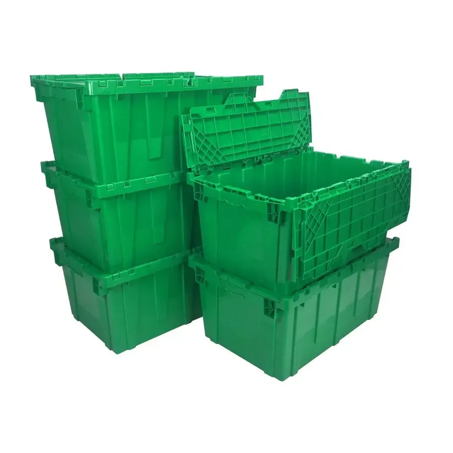 Stack of five green plastic packing crates