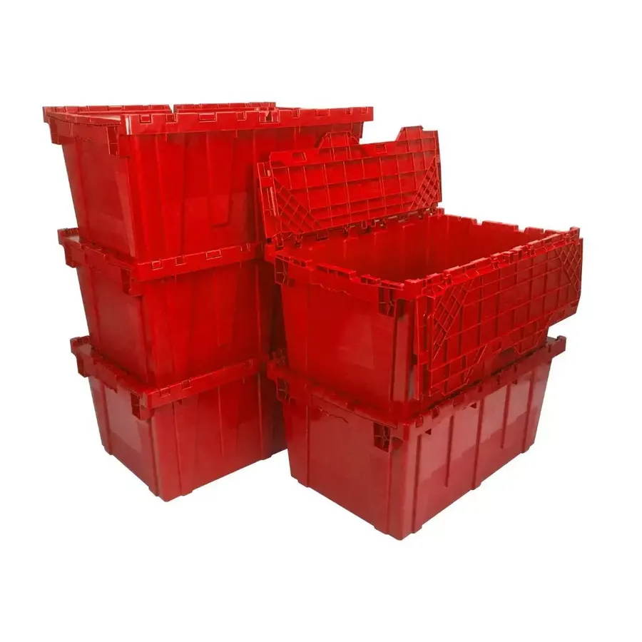Stack of five red plastic packing crates