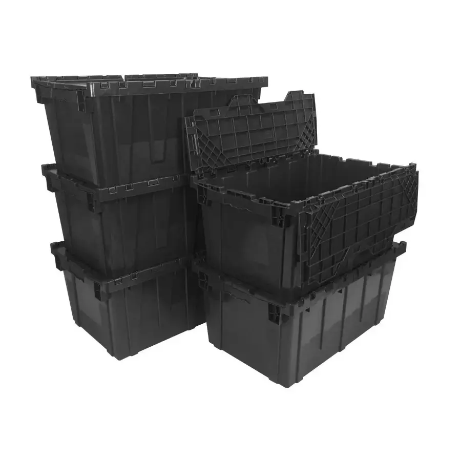 Stack of five black plastic packing crates