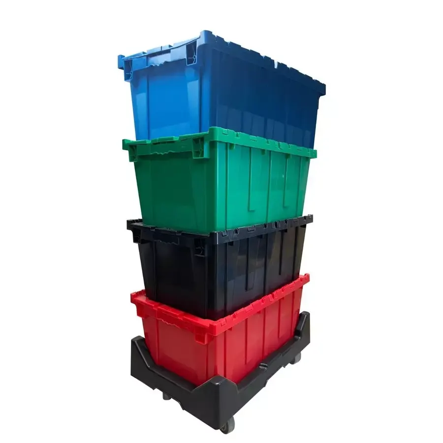 Large plastic storage crate with hinged lid