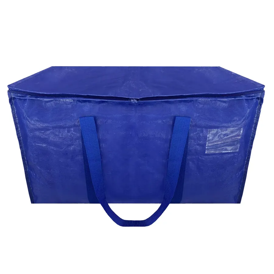Eight blue fabric moving tote bags with carry handles