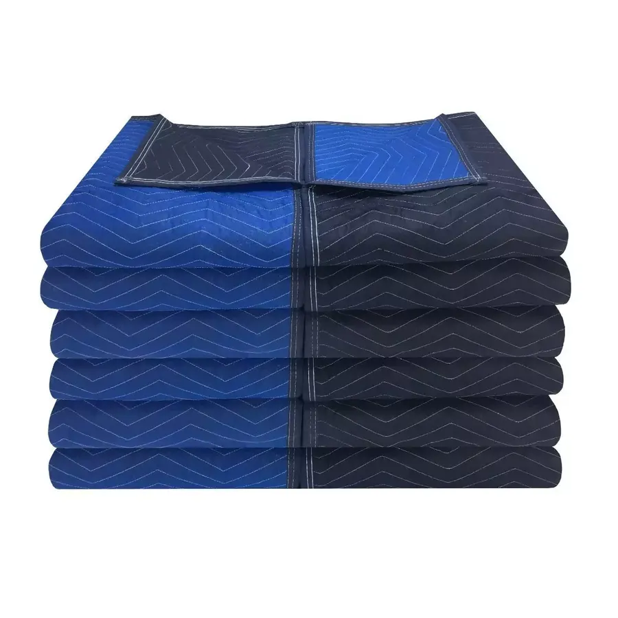 Twelve blue quilted heavyweight moving blankets in a tall stack