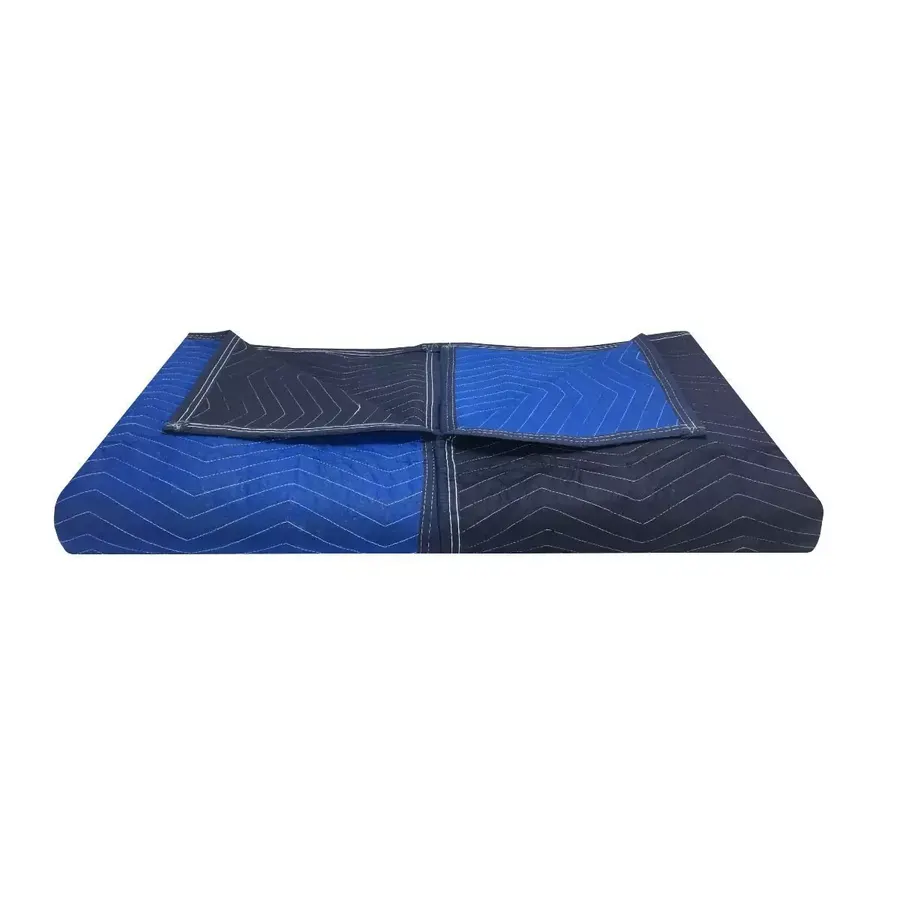 Two blue heavyweight fabric moving blankets folded together