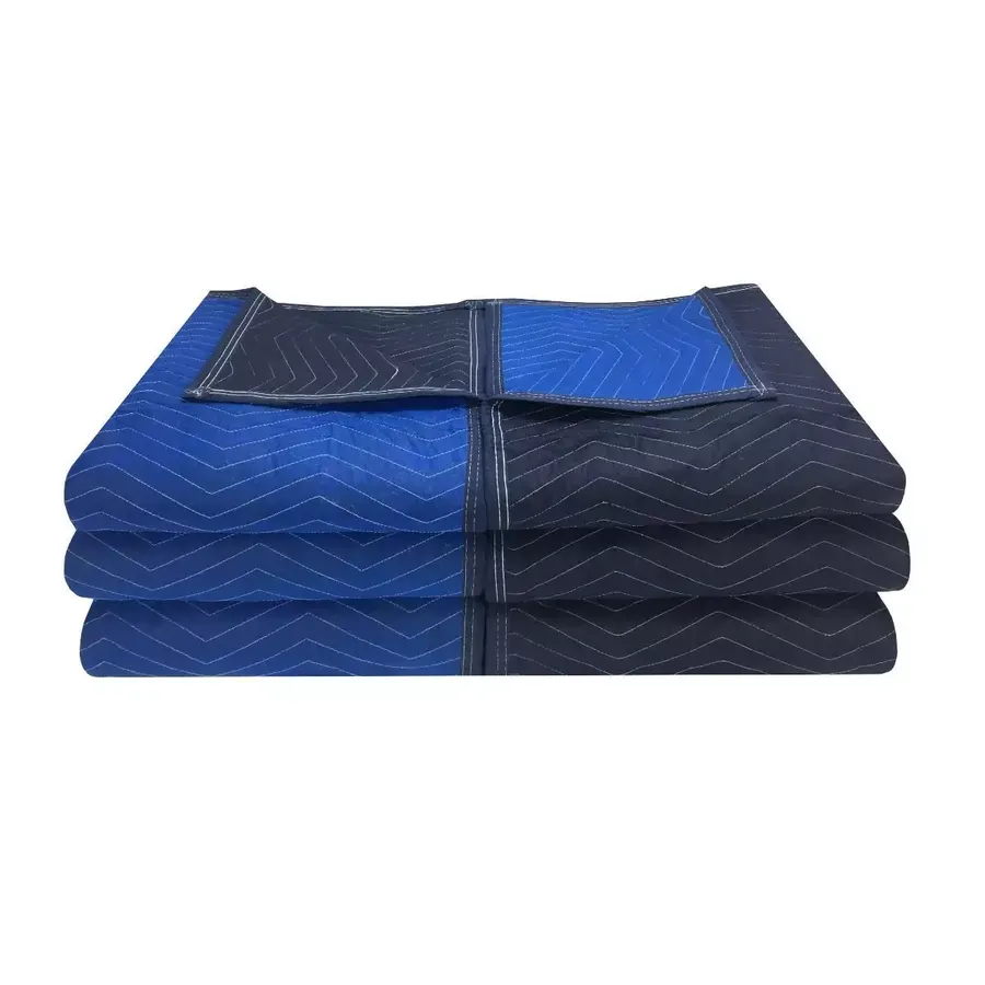 Six blue heavyweight quilted moving blankets folded in a stack