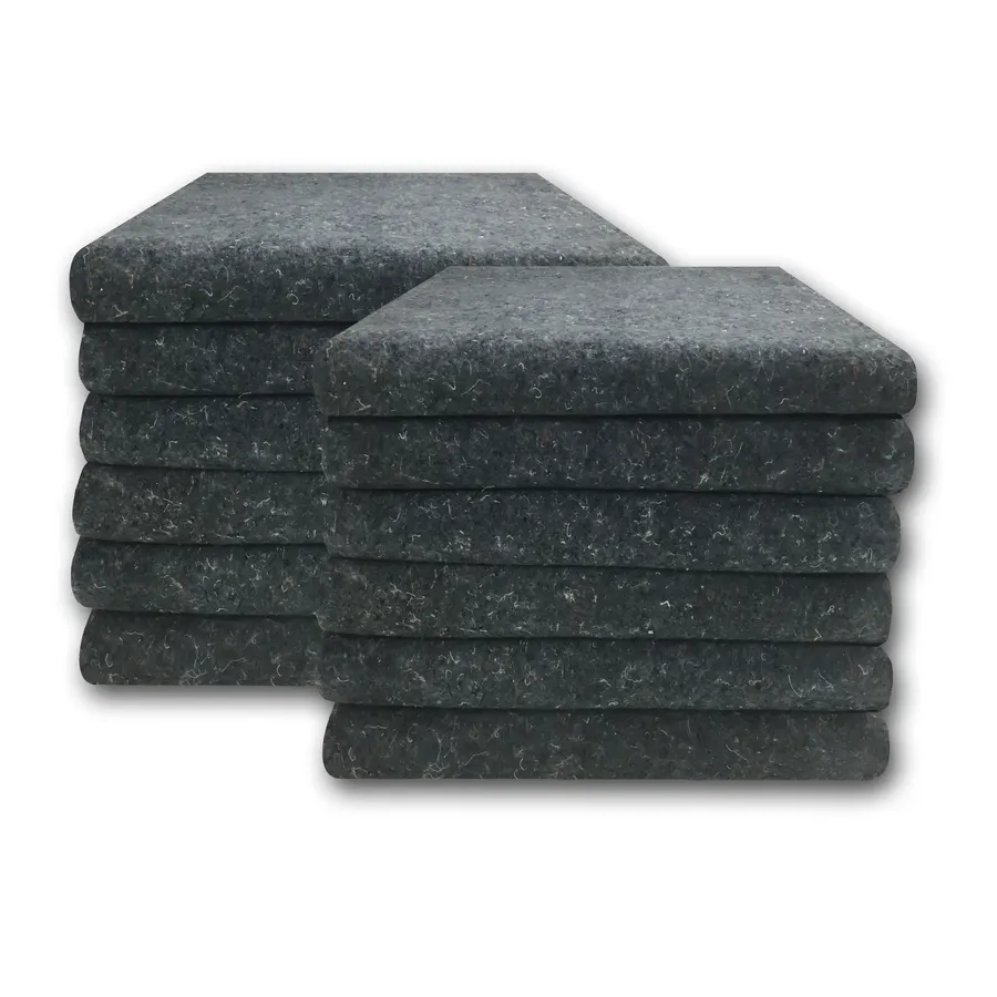 Twelve gray recycled-cotton textile moving blankets stacked