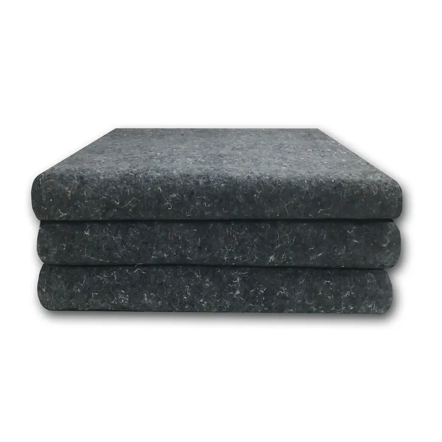 Three gray recycled-cotton moving blankets folded in a pile