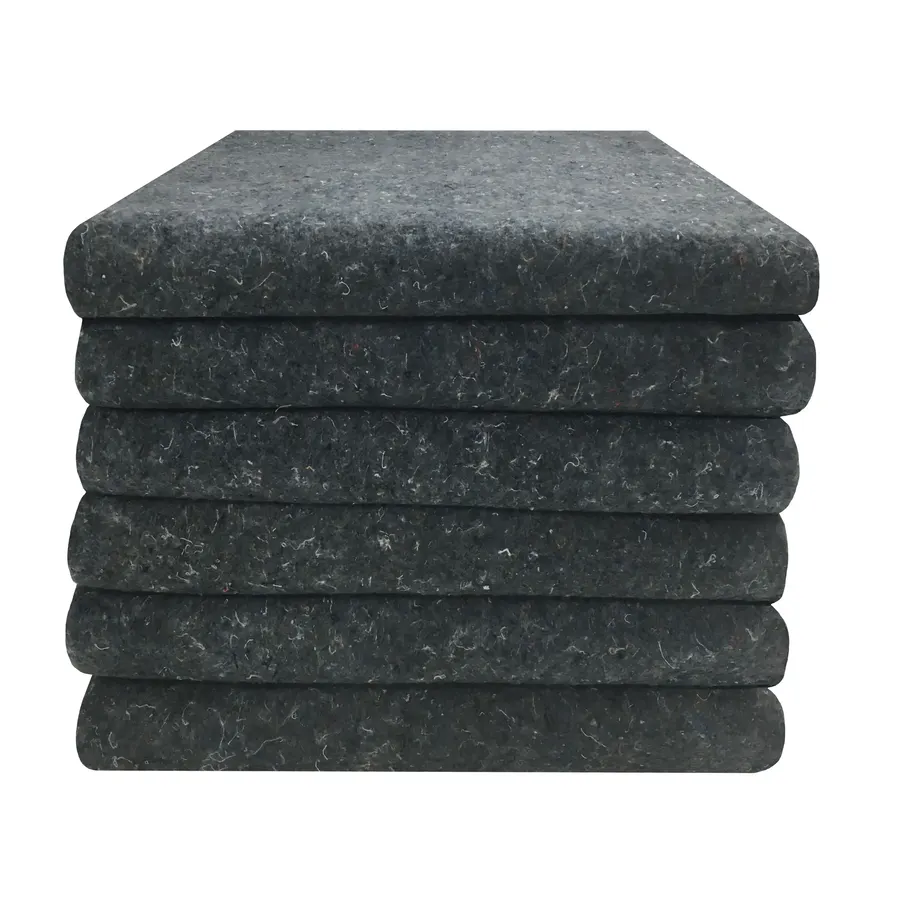 Six gray quilted recycled-cotton moving blankets stacked