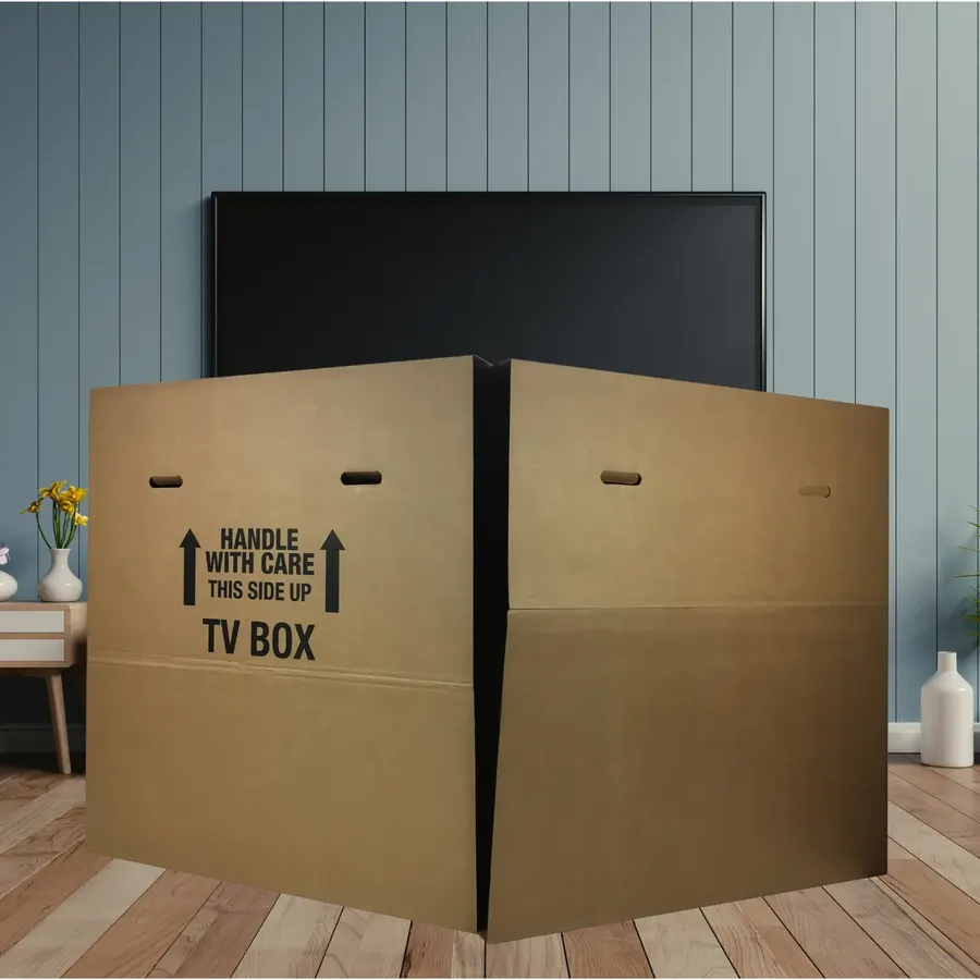 Three flat corrugated boxes for televisions, pictures, and mirrors