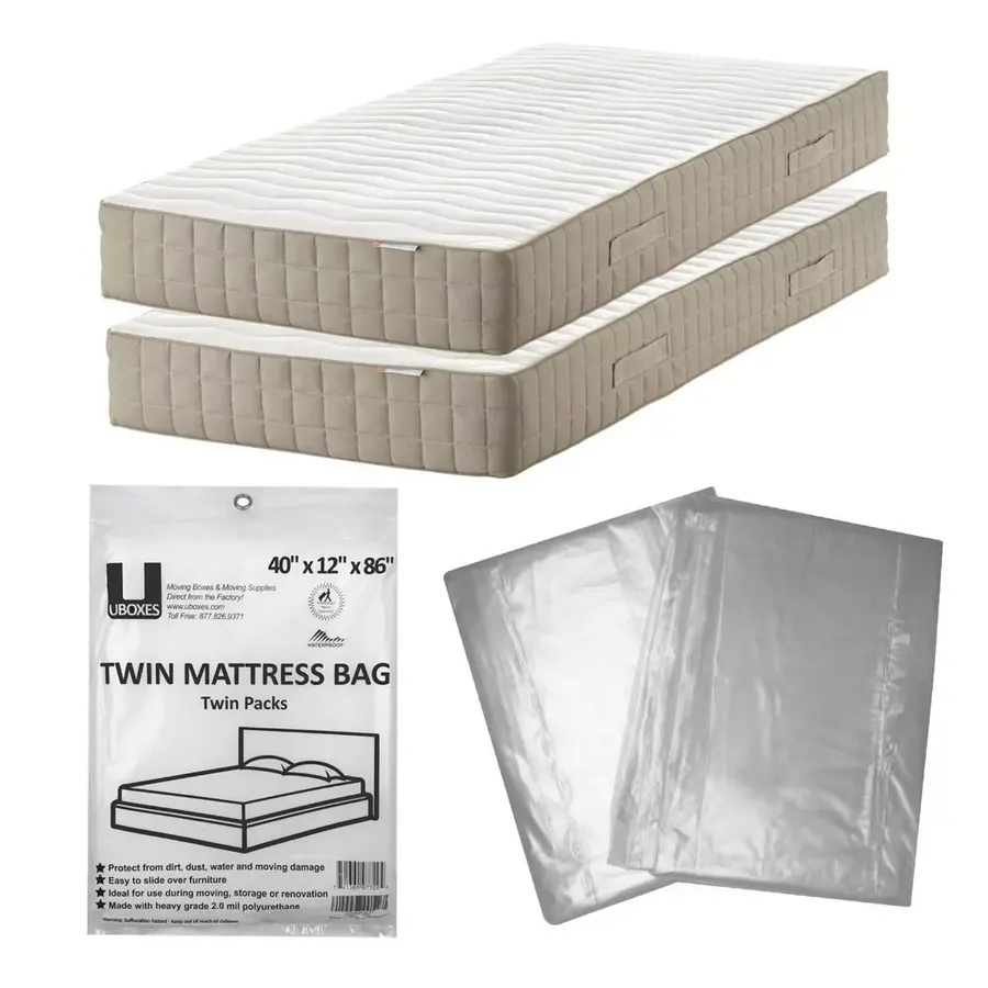Two clear polyethylene twin mattress cover bags