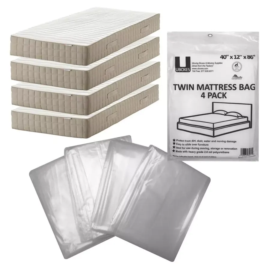 Four clear polyethylene twin mattress cover bags