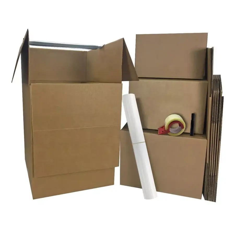 Wardrobe moving box alongside assorted brown corrugated boxes and packing supplies