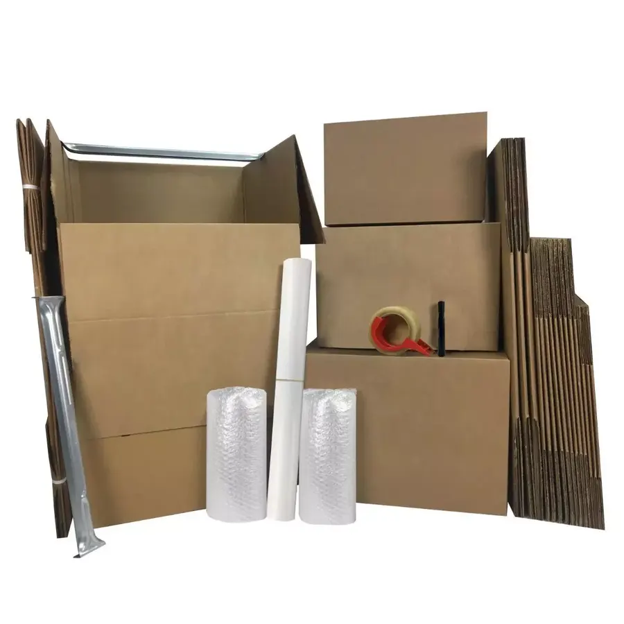 Wardrobe moving box with assorted brown corrugated boxes and packing supplies