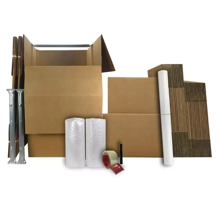 Wardrobe moving box beside stacked brown corrugated moving boxes