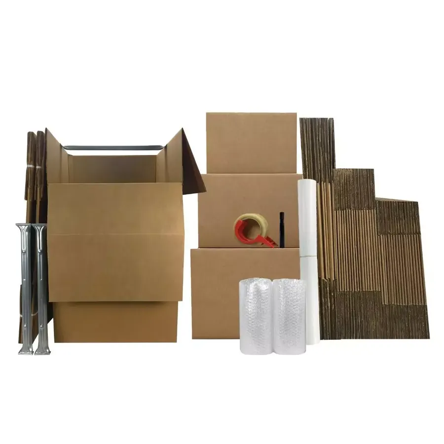 Tall wardrobe moving box next to assorted brown corrugated moving boxes