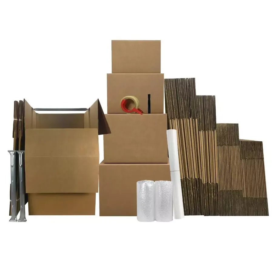 Moving kit with two tall wardrobe boxes and stacks of brown corrugated boxes in four sizes