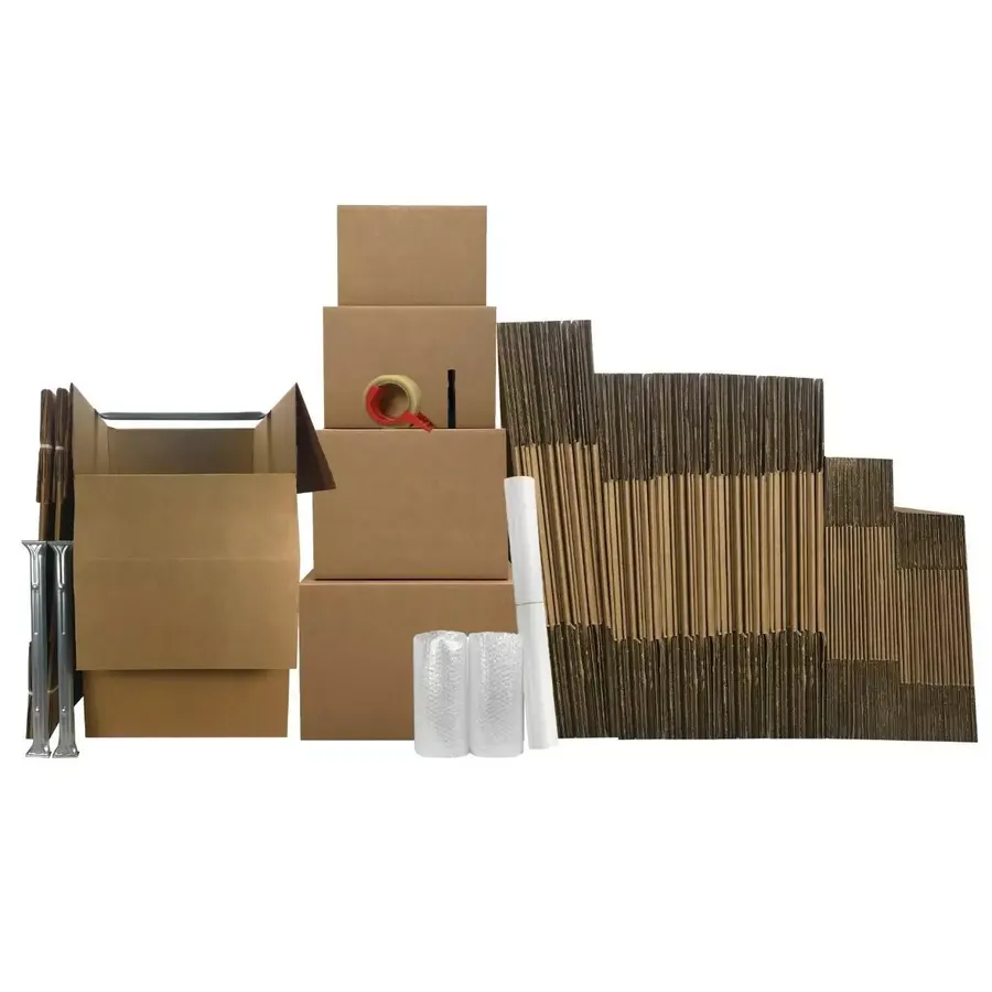 Six tall wardrobe boxes with medium and large moving boxes, bubble roll, packing paper, and tape