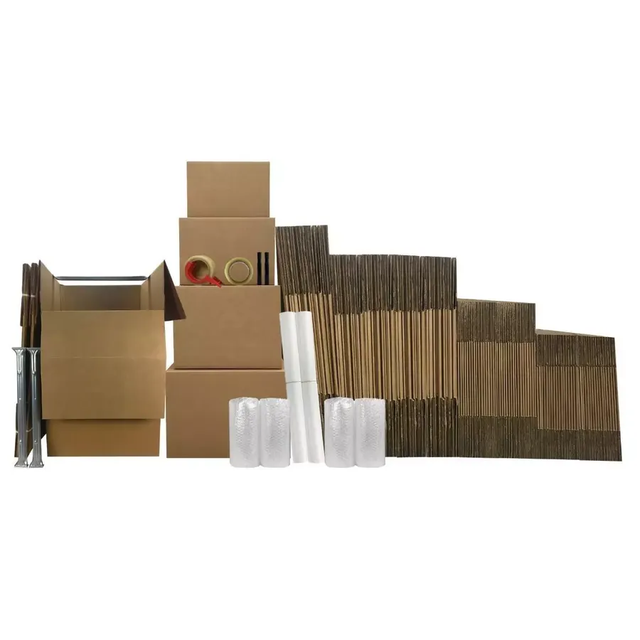 Large wardrobe moving kit with tall garment boxes and sturdy brown moving boxes